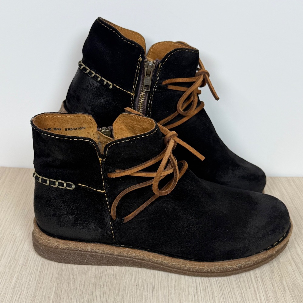 Ankle Boots Born Womens 9 Black Suede Side Zip Lace Up Distressed BR0027609